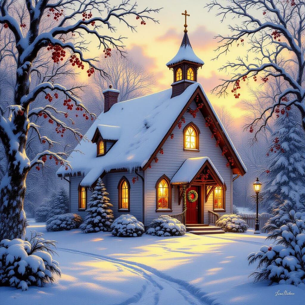Ethereal Winter Church Aglow in Golden Hour Light