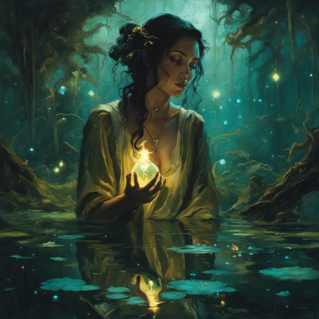 Druid Woman's Mirrored Reflection in Bioluminescent Swamp