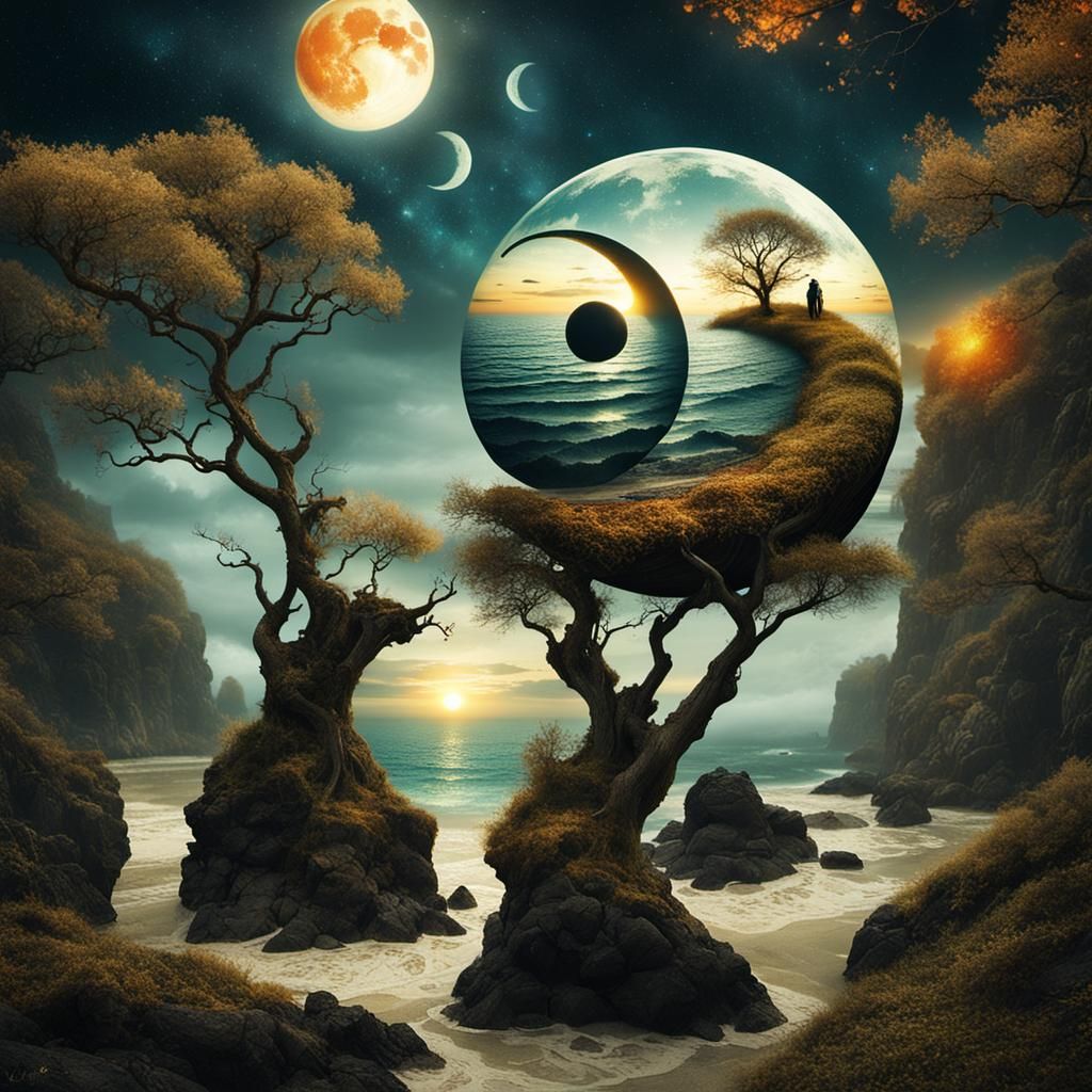 Surreal Beach Sunset with Yin Yang Elements