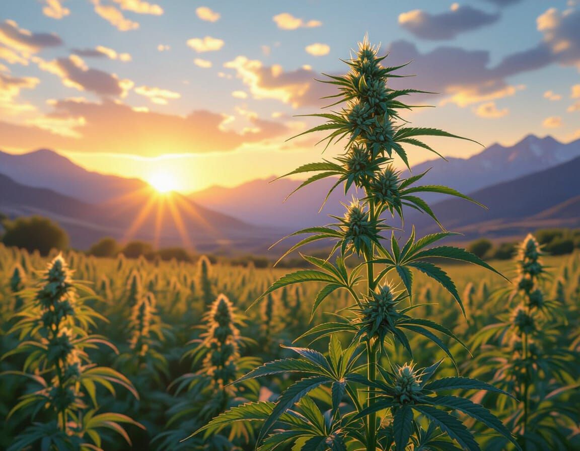 Flowering Cannabis Field Sunset: Botanical Illustration