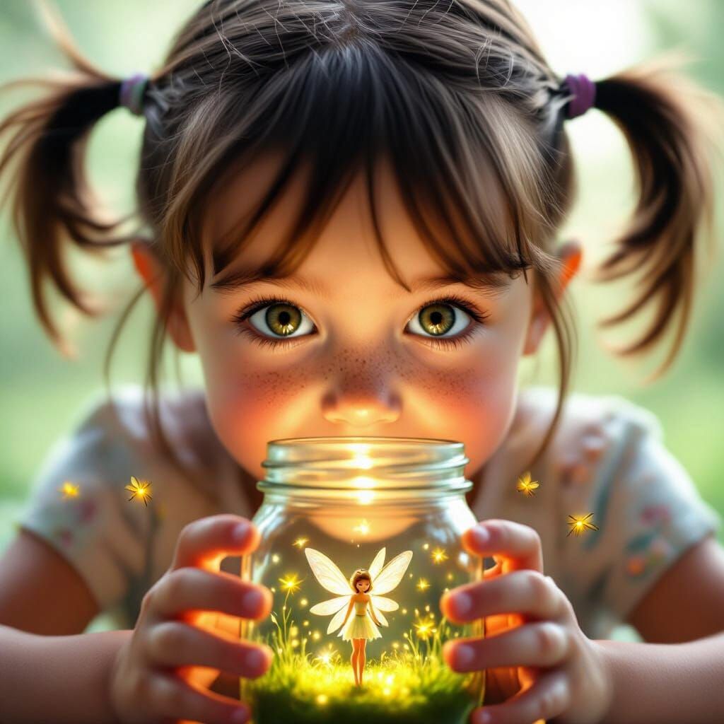 Girl Gazes At Fairy In Mason Jar With Fireflies