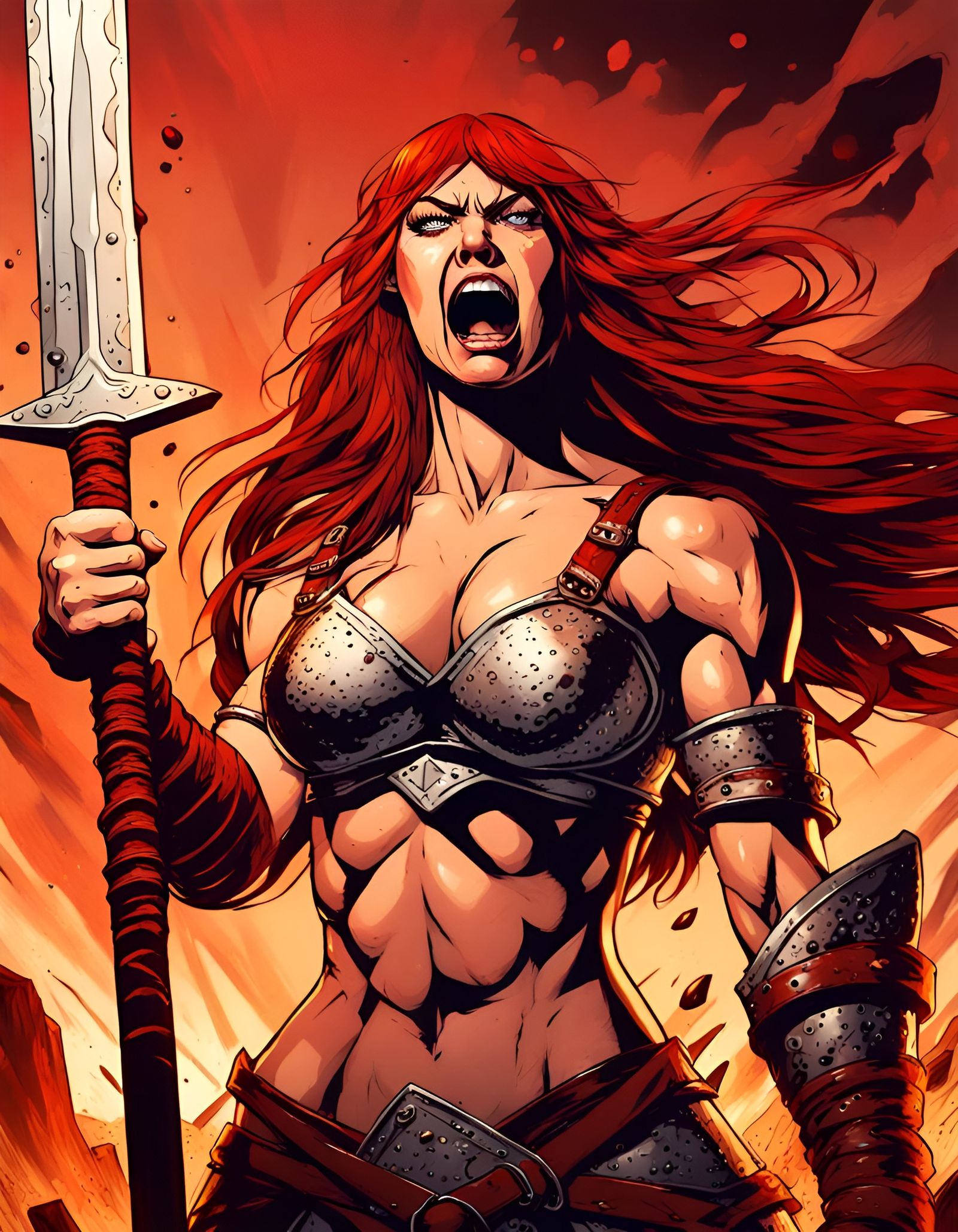 Intimidating Red Sonja in Anime Style