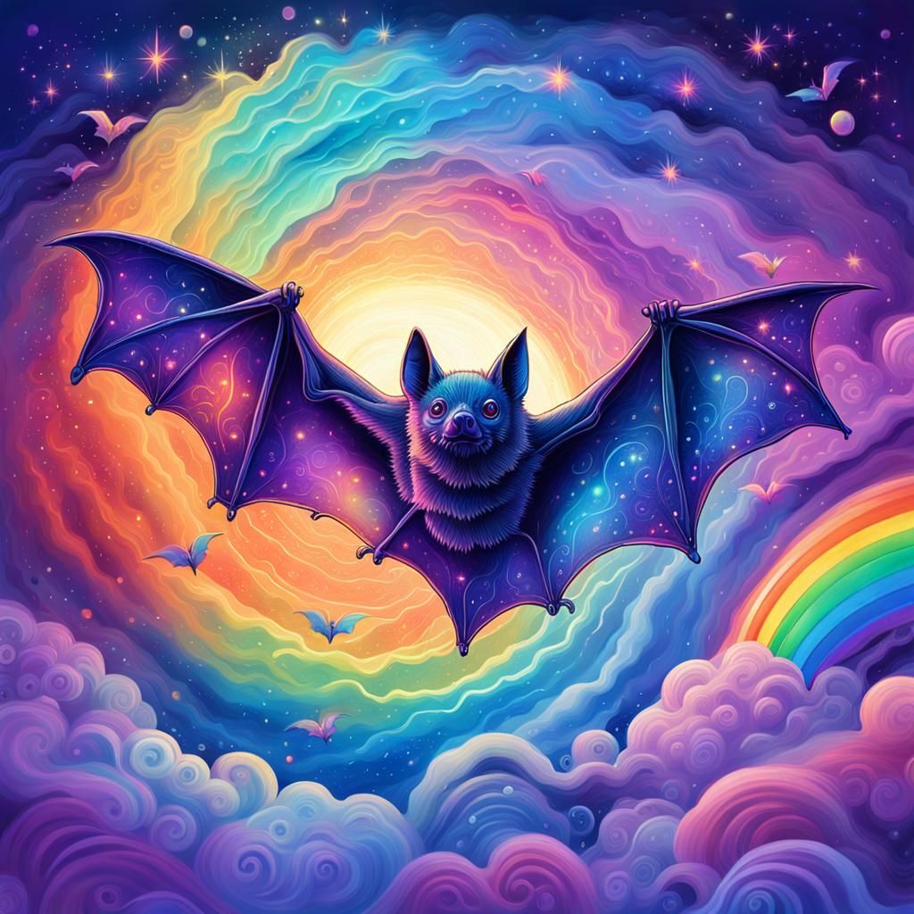 Astral Bat Soaring Before Rainbow, Holographic Illustration