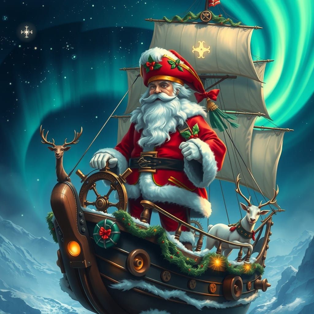 Regal Santa Captain Soars Through Steampunk Skies