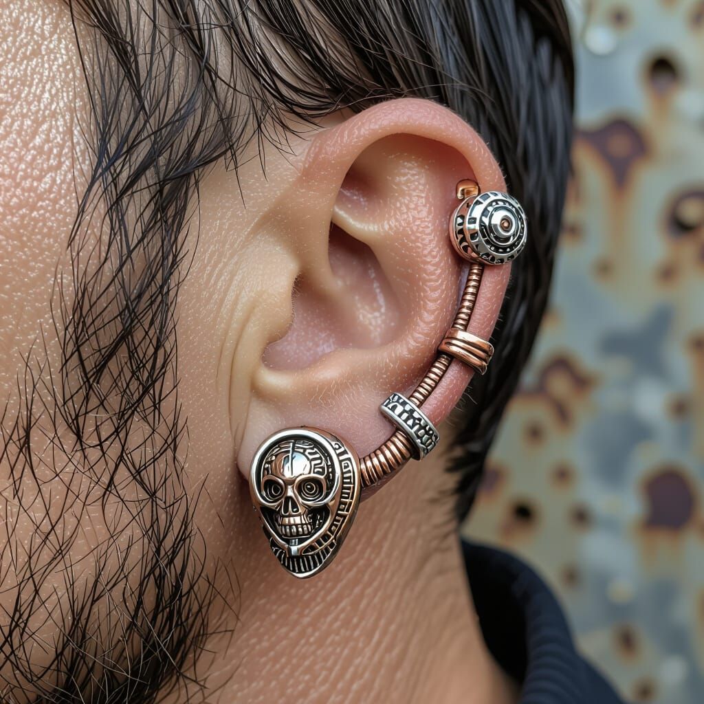 Ear with Metal Jewelry in Biomechanical Style