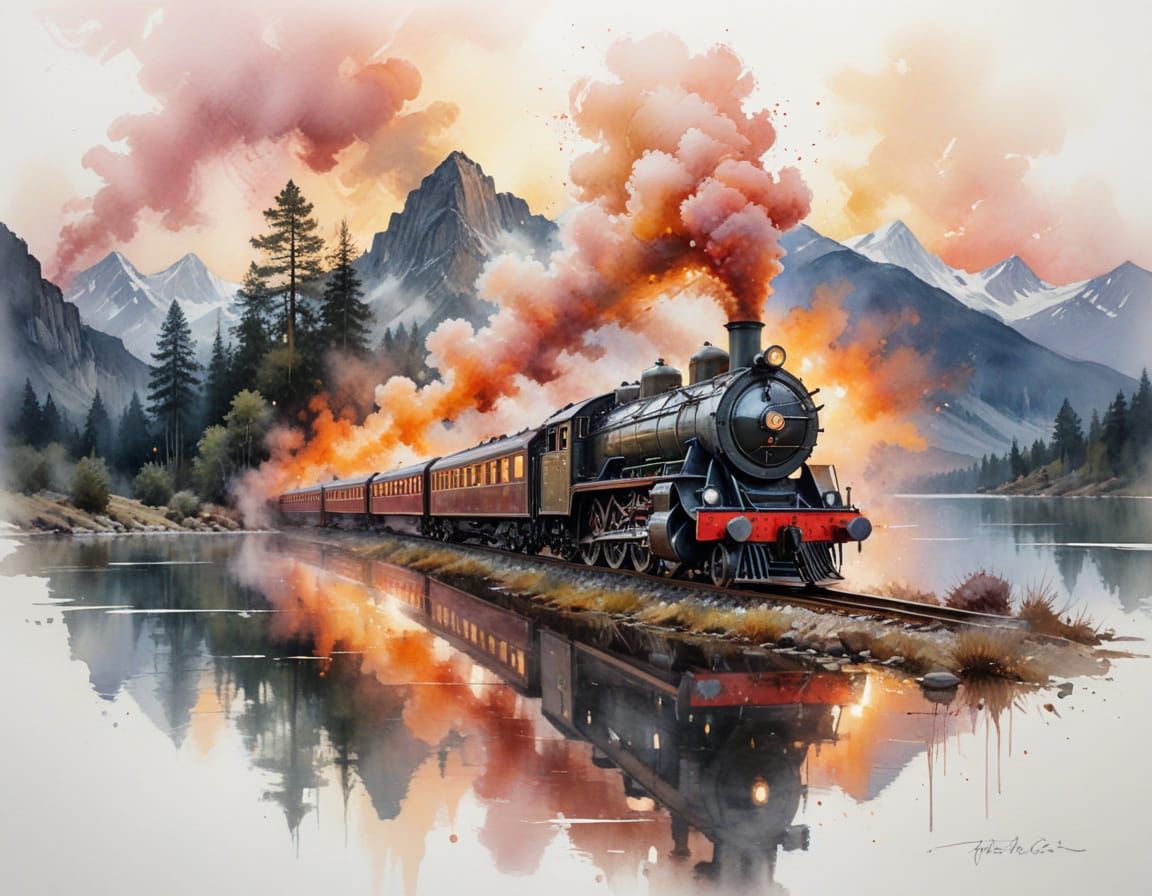 Vintage Steam Train at Fiery Sunset Lakeside