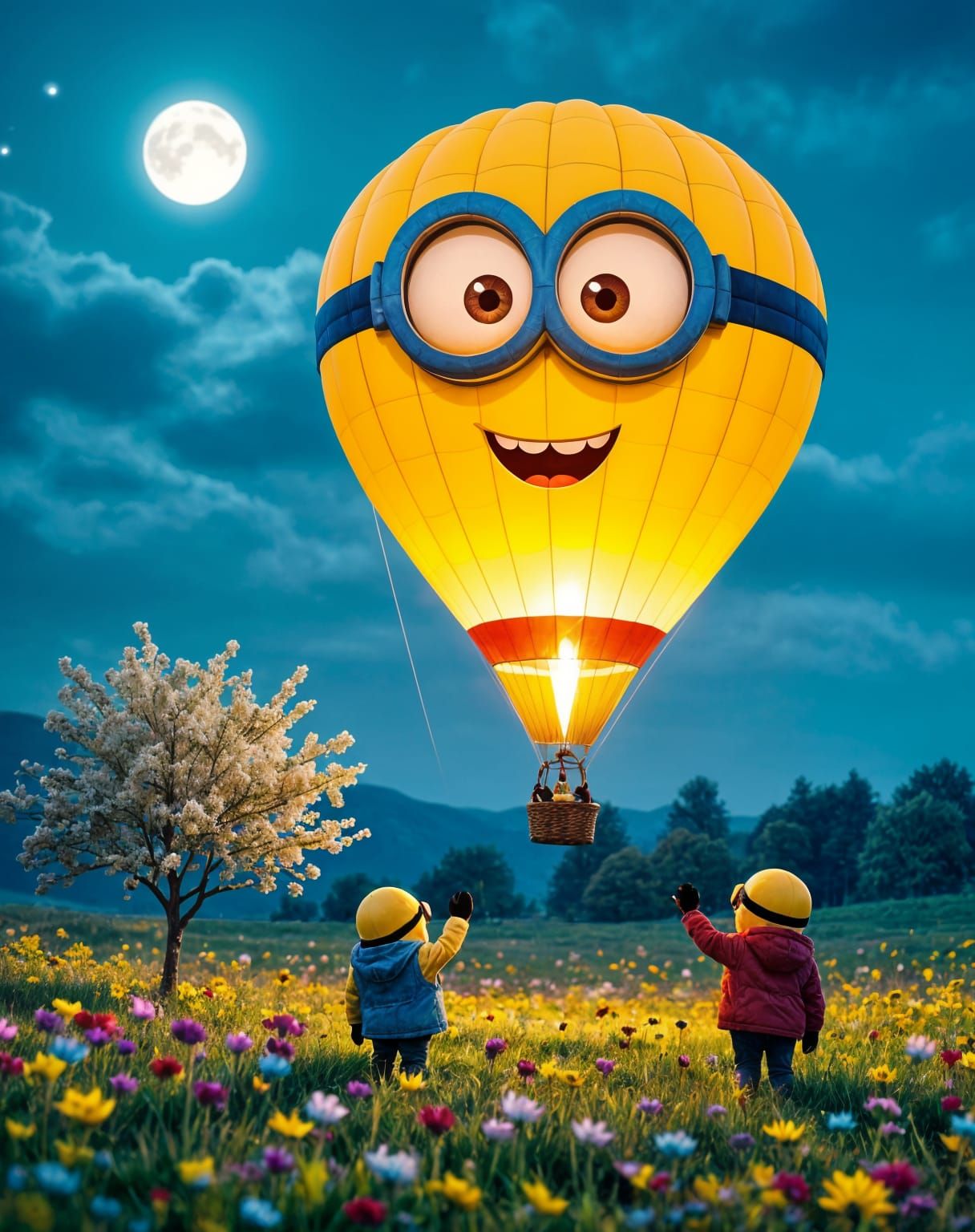 Luminous Minion Balloon Ascends in Night Meadow