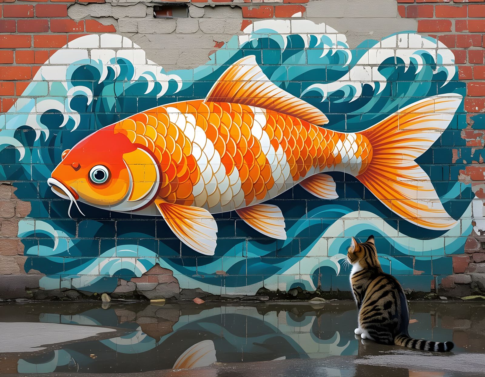 Giant Koi Mural with Tabby Cat in Street Art Style