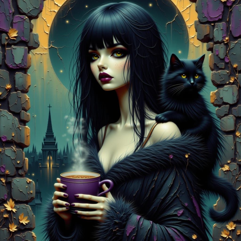 Mystical Witch with Familiar and Luminous Moon