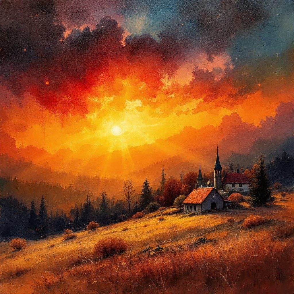 Atmospheric Autumn Village Sunset Landscape