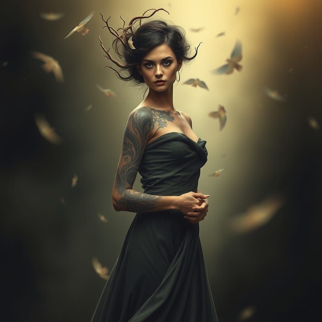 Mysterious Dark Priestess with Tree Tattoo