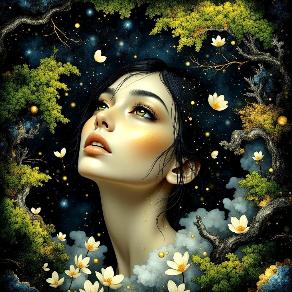 Woman in Japanese Garden Gazes at Starry Night Sky in Hyper ...