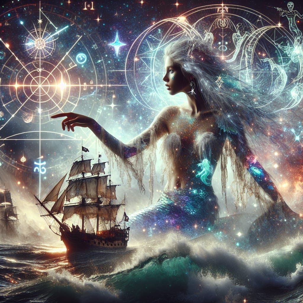 Ethereal Mermaid Guiding Ghostly Pirate Ship