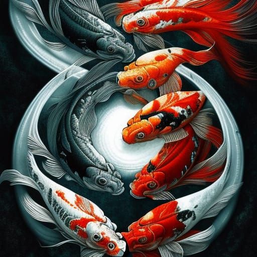 Yin Yang Koi Fish in Haunted Landscape