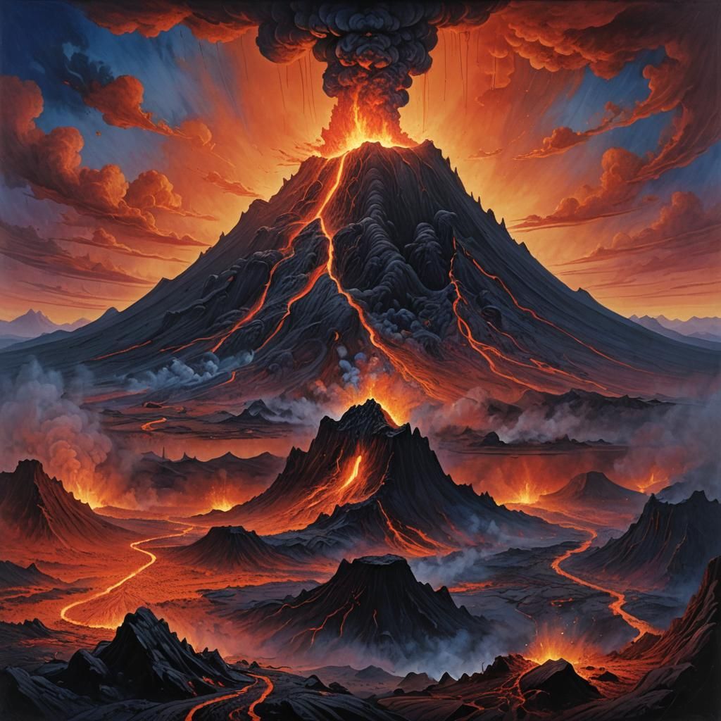 Mystical Volcano Eruption: Surreal Landscape Painting