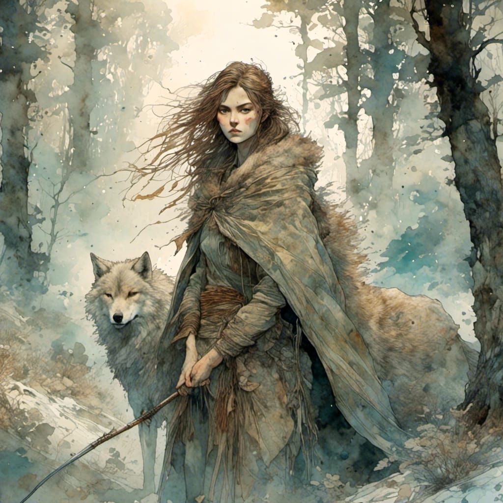 Fierce Warrior and Wolf in Misty Forest