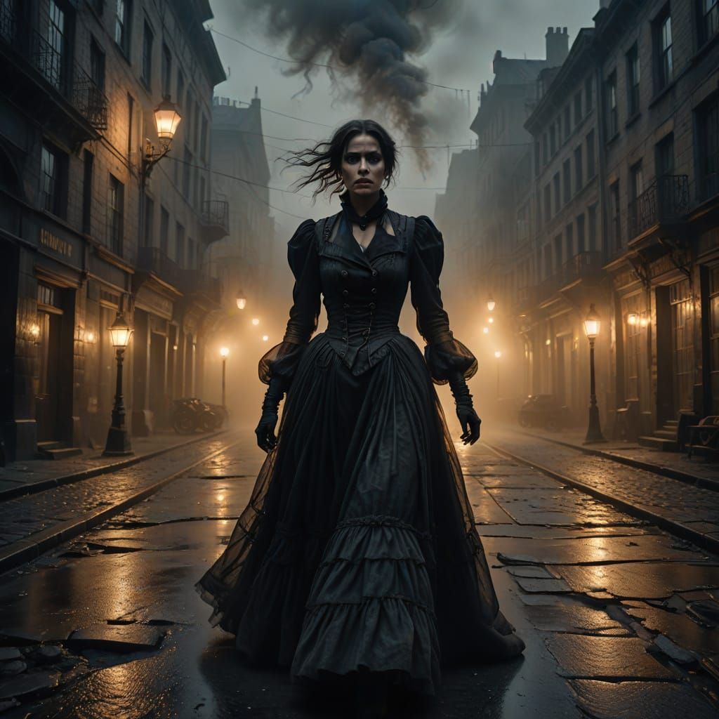 Industrial Noir Scene: Fearful Woman in Foggy Street