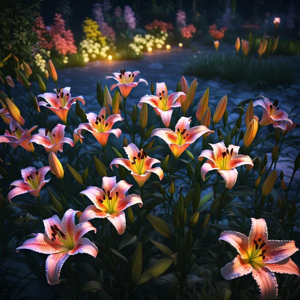 Night Lily Garden in Hyper-Realistic Detail