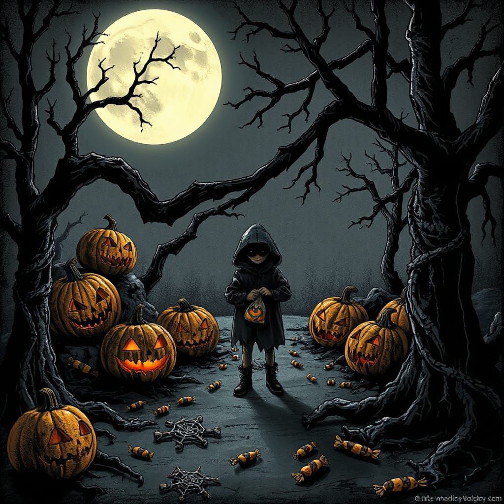 Eerie Gothic Halloween Scene with Jack-o'-Lanterns and Lone ...