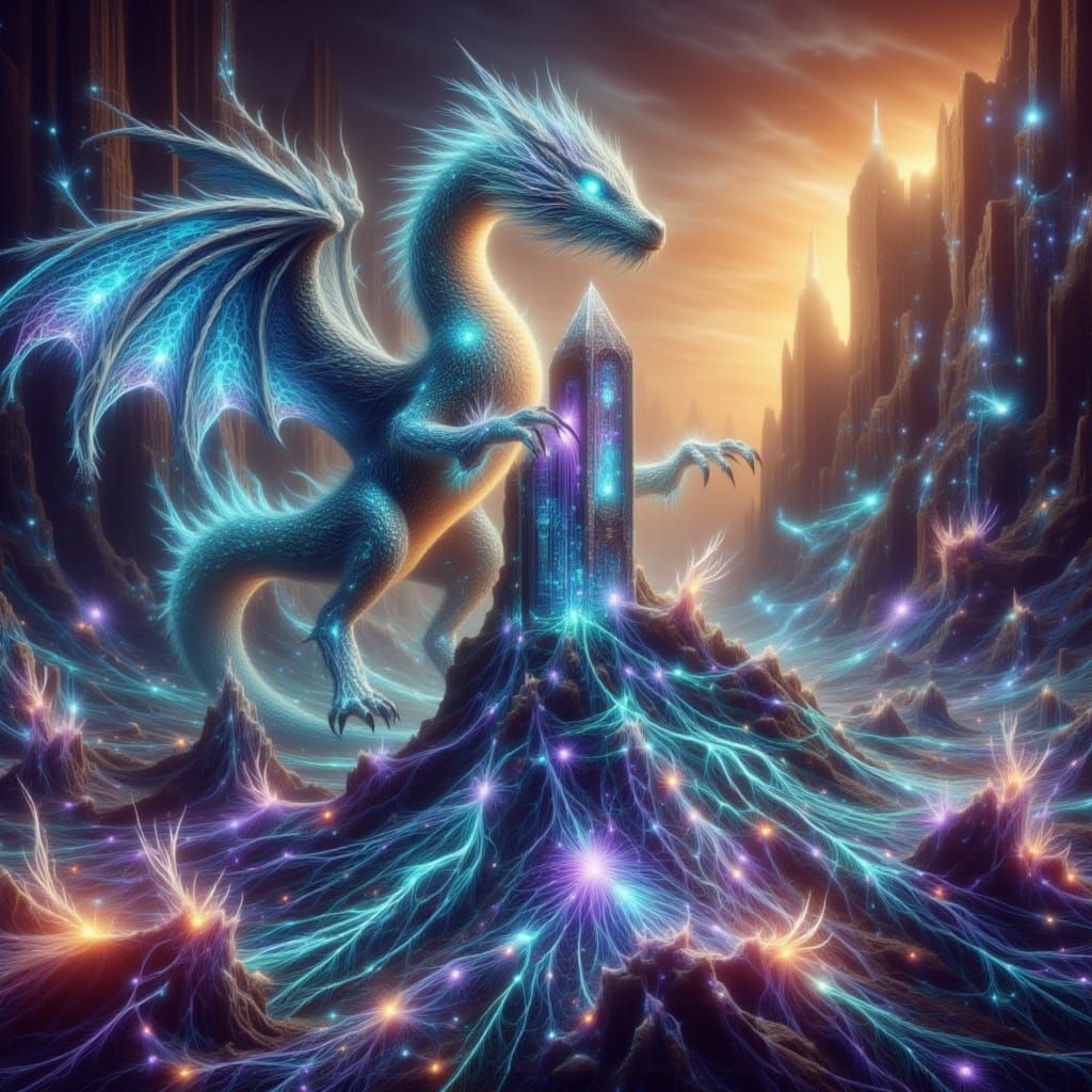 Bioluminescent Dragon Coiled Around Crystal Obelisk