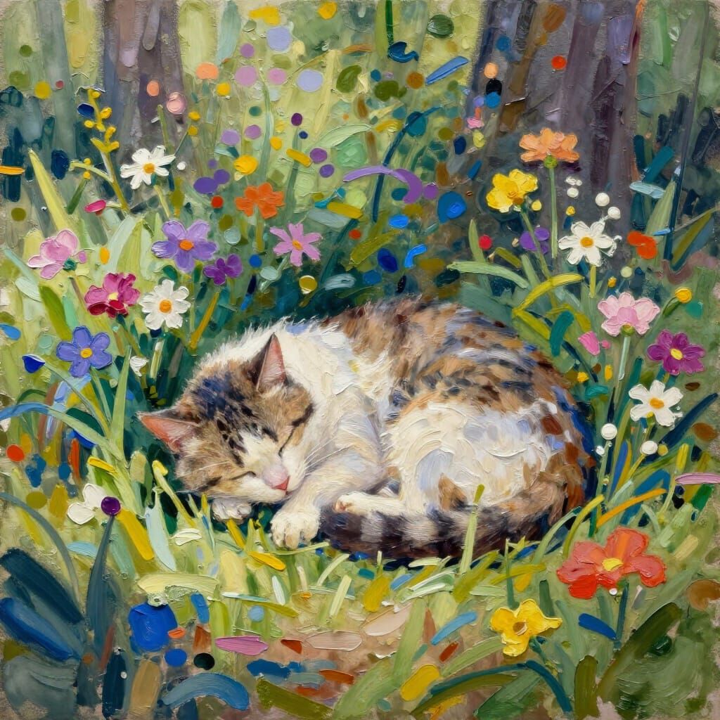Cat Sleeping Among Flowers in Forest Clearing