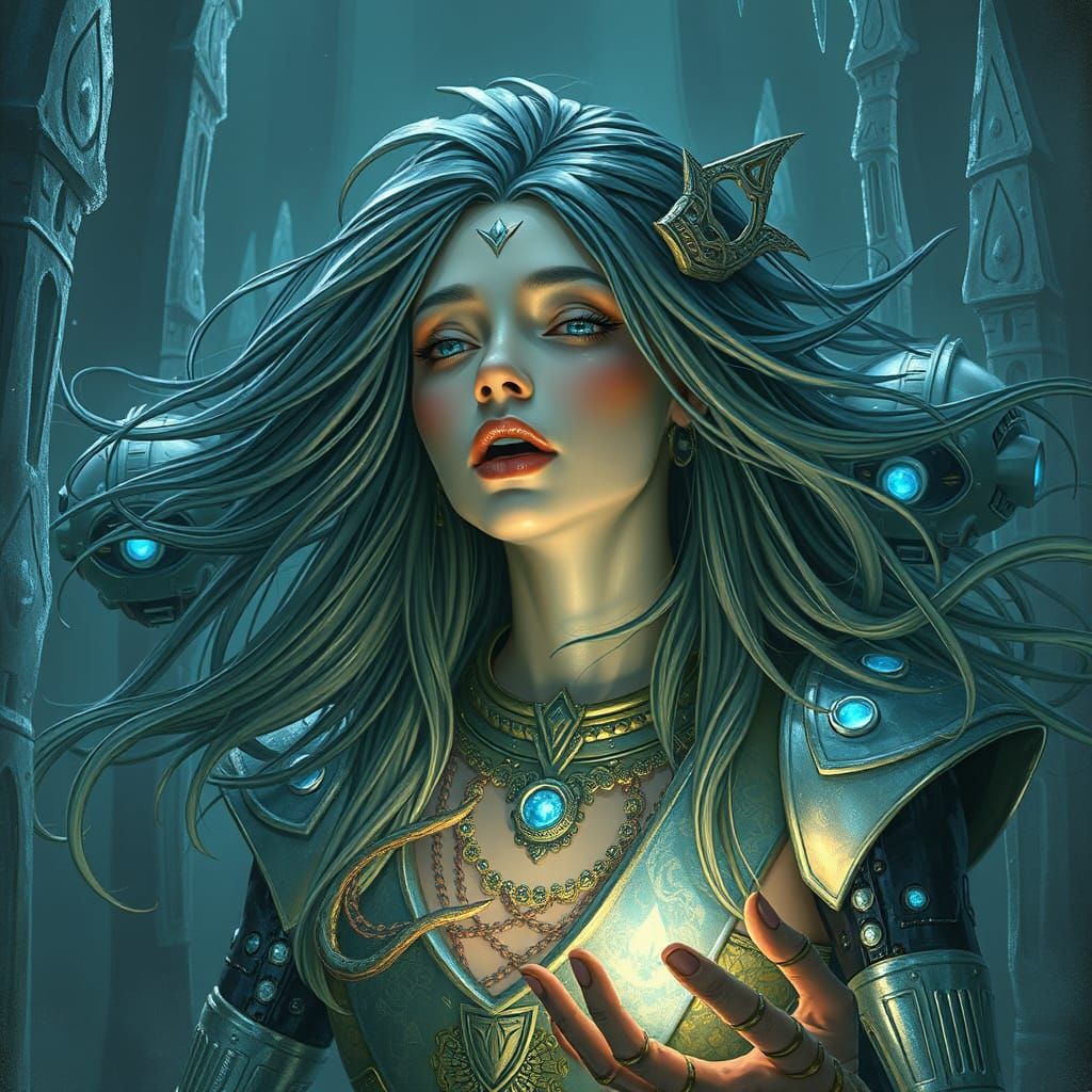 Metallic Priestess of Akadi in Hypnotic Dance with Frozen Ro...