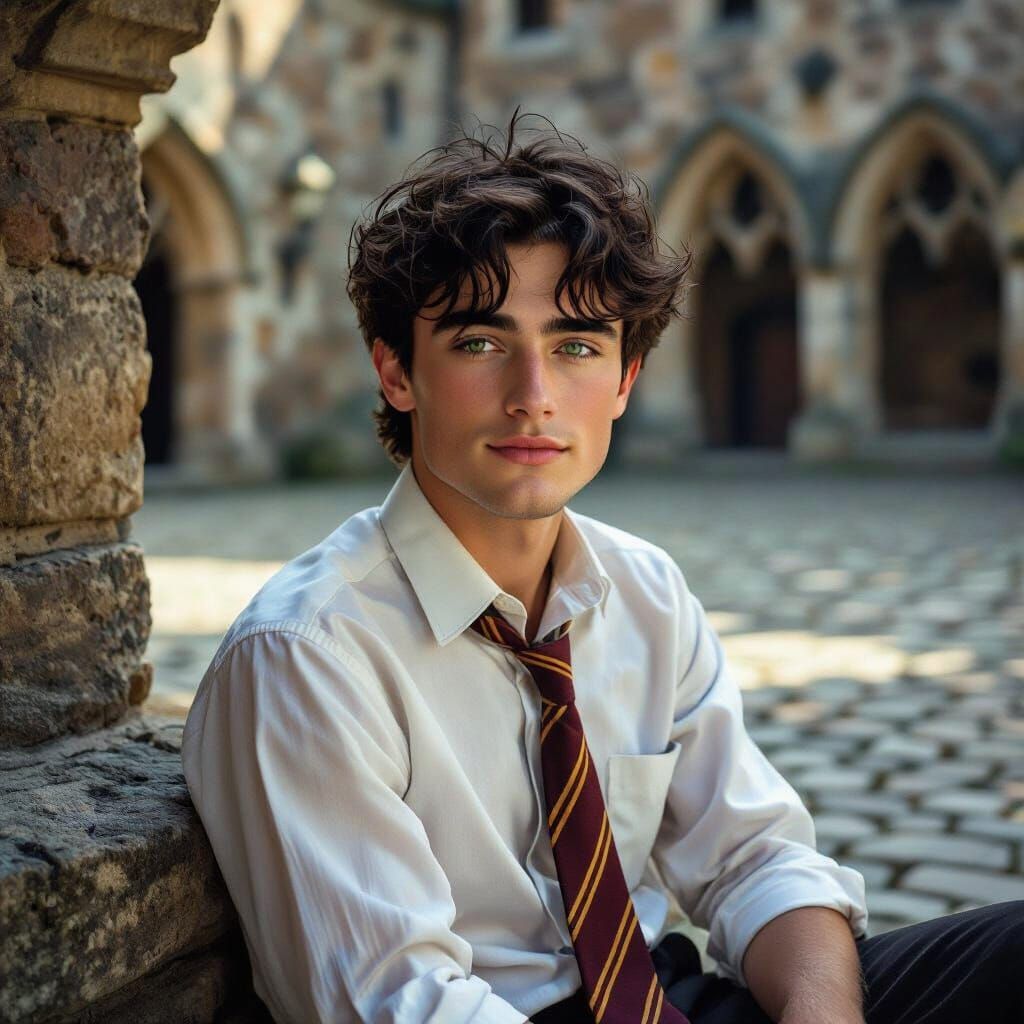 Gryffindor Man Enjoying Picnic in Hogwarts Courtyard