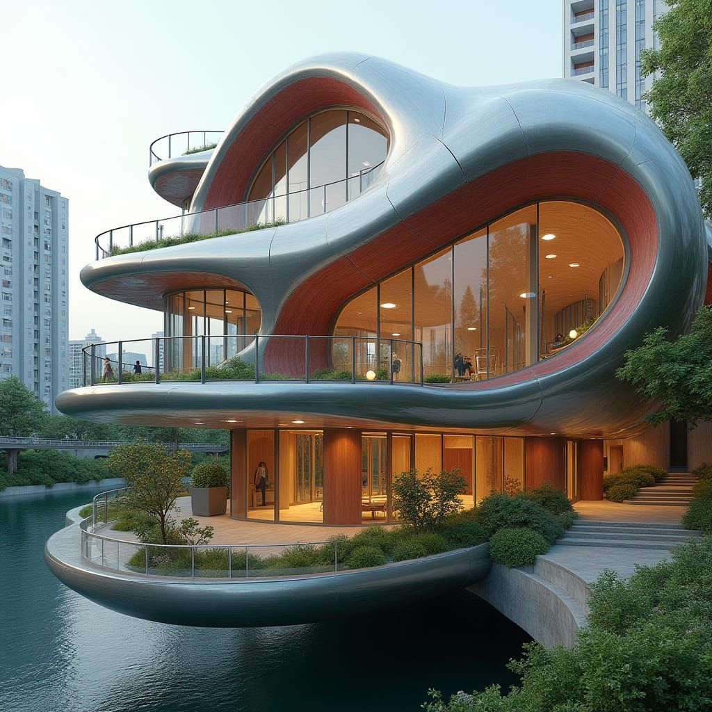 Organic Flower-Shaped Building in Futuristic Laminated Timbe...