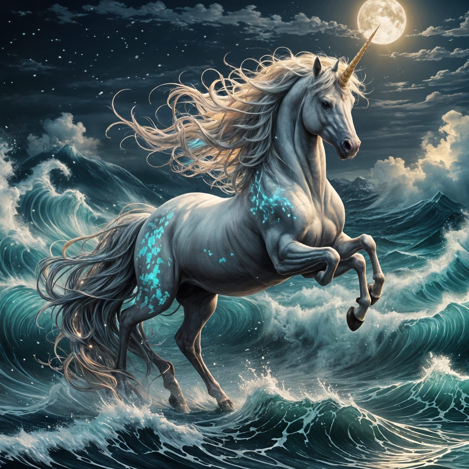 Mystical Unicorn Flight Over Wild Ocean