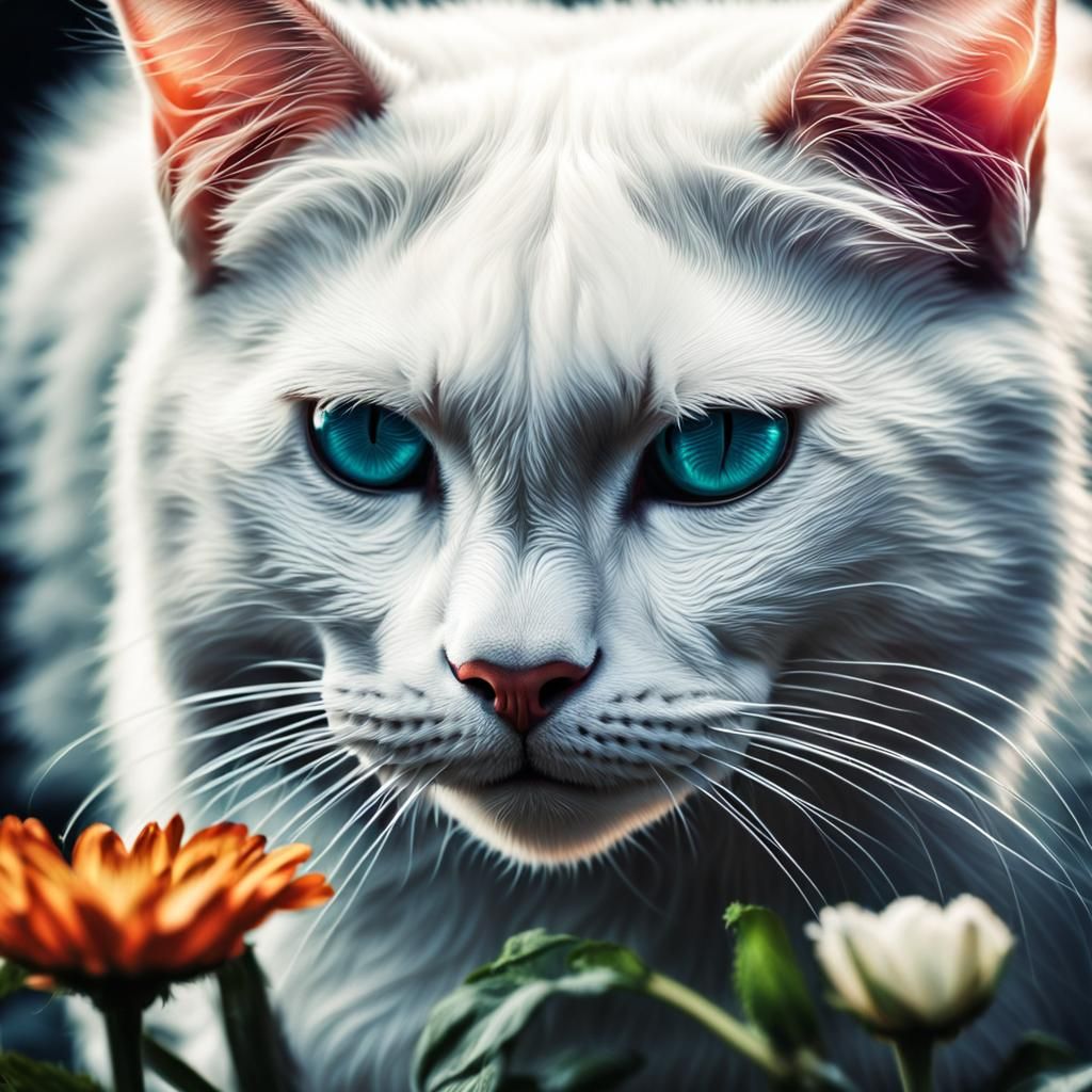 White Cat Sniffs Flower: Hyperrealistic Close-Up