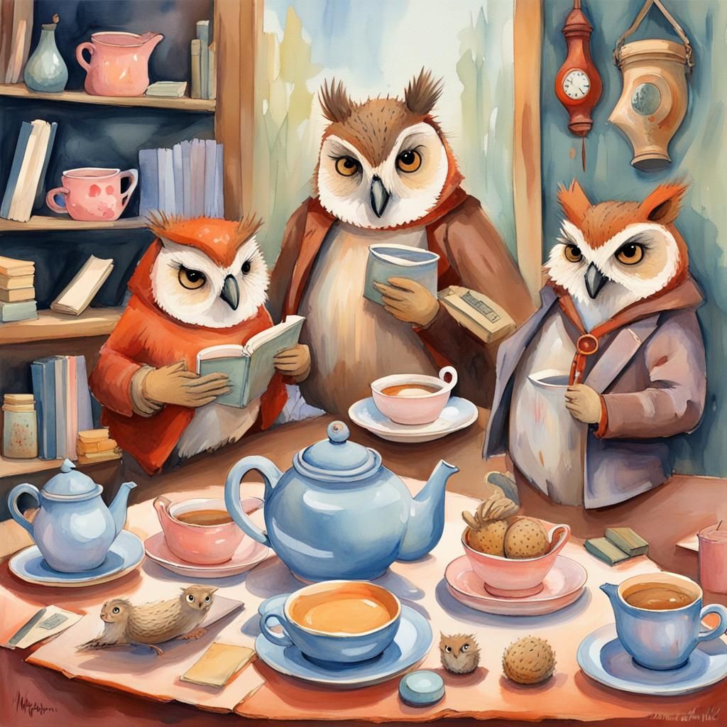 Whimsical Tea Party in Storybook Town: Gouache and Watercolo...