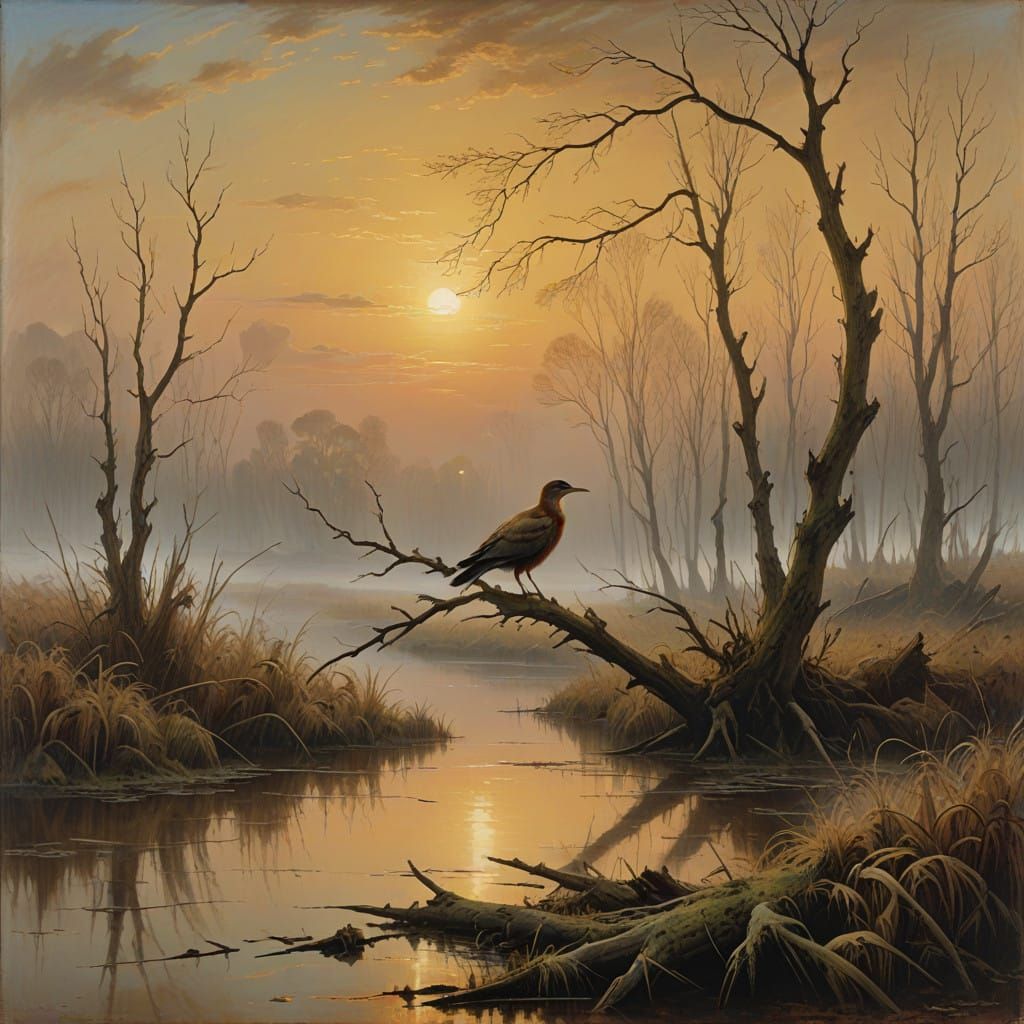 Majestic Bird in Winter Sunset Landscape