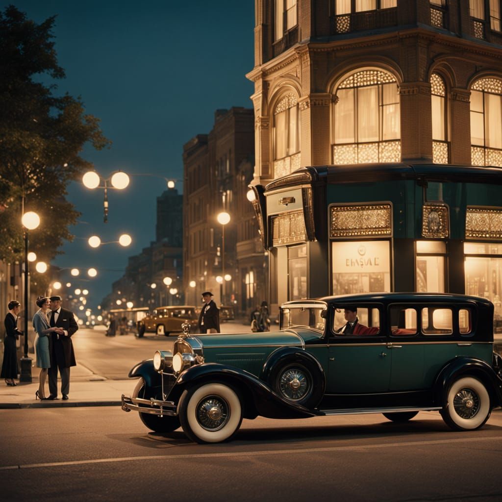 Couple Dines Under Art Deco Cityscape