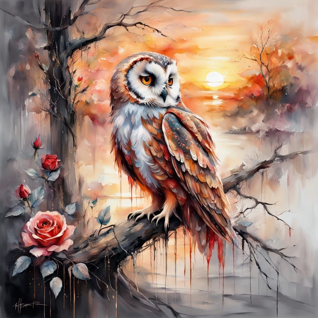 Golden Masked Owl in Ethereal Summerscape, Watercolor Style