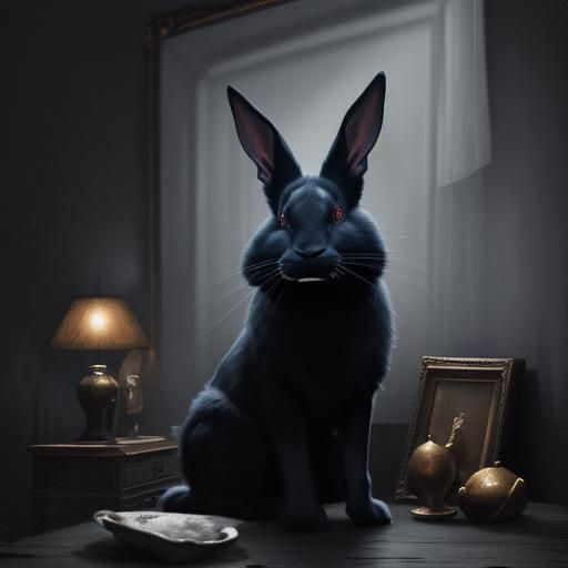 Expressionist Moonlit Rabbit Still Life in Dark Room