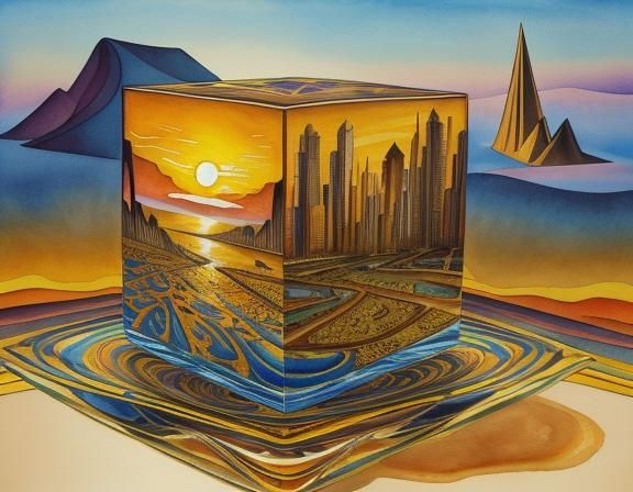 Surreal Watercolour Cubist Dreamscape in Golden Hour