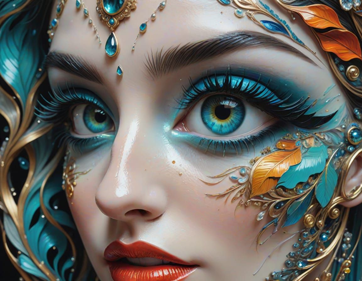 Detailed Eye Drawing with Turquoise and Rainbow Tear