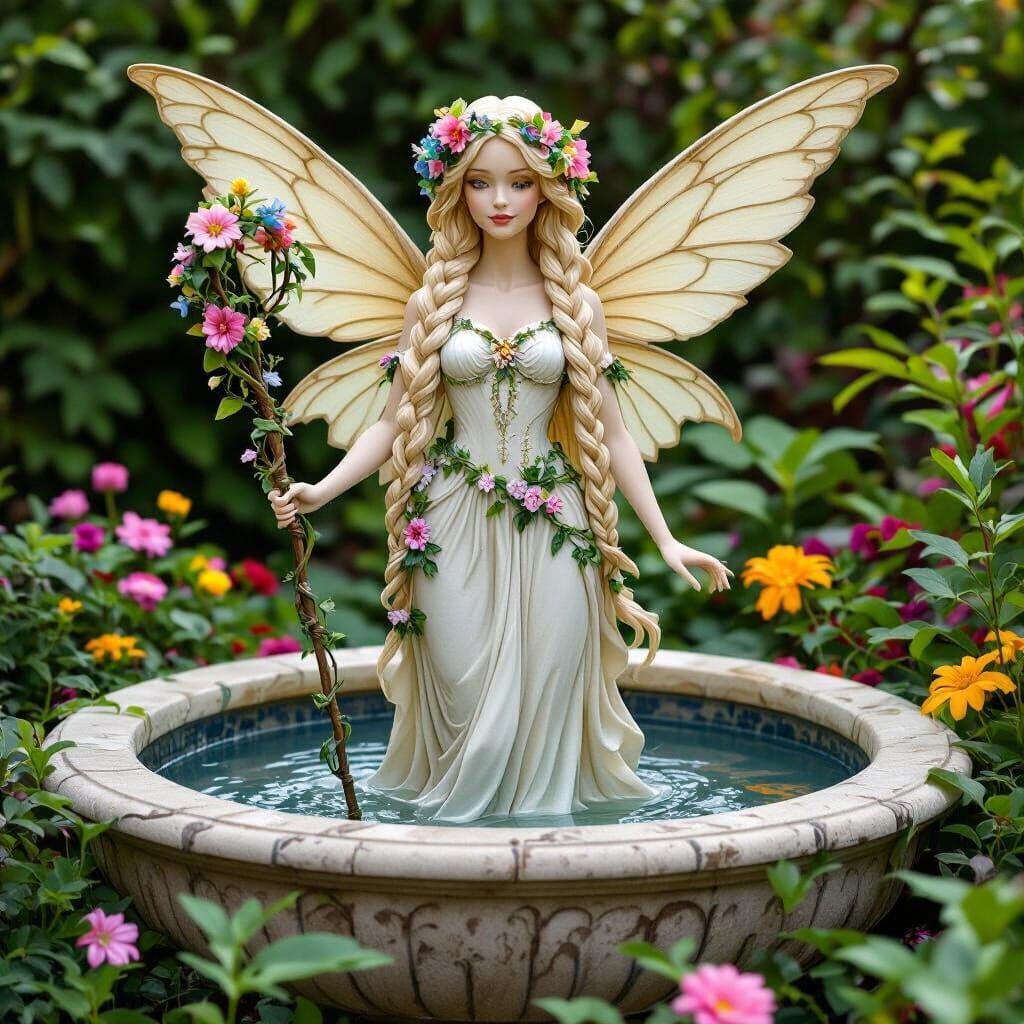 Blonde Fairy Statue in Flower Fountain