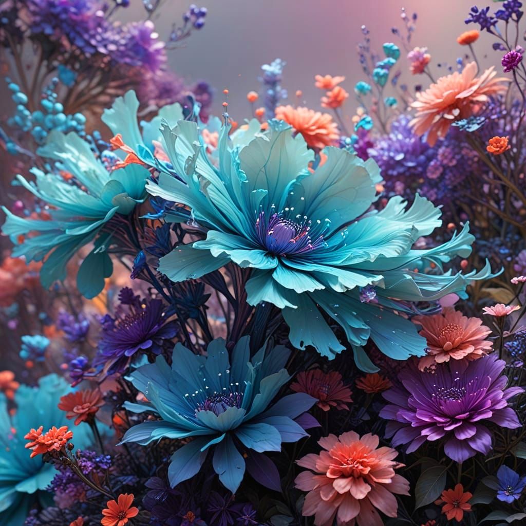 Whimsical Blue Blooms in Vibrant Dreamlike Garden