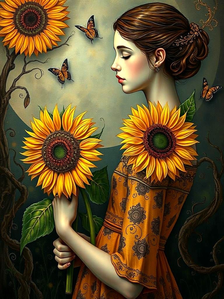 Girl With Sunflower in Art Nouveau Style