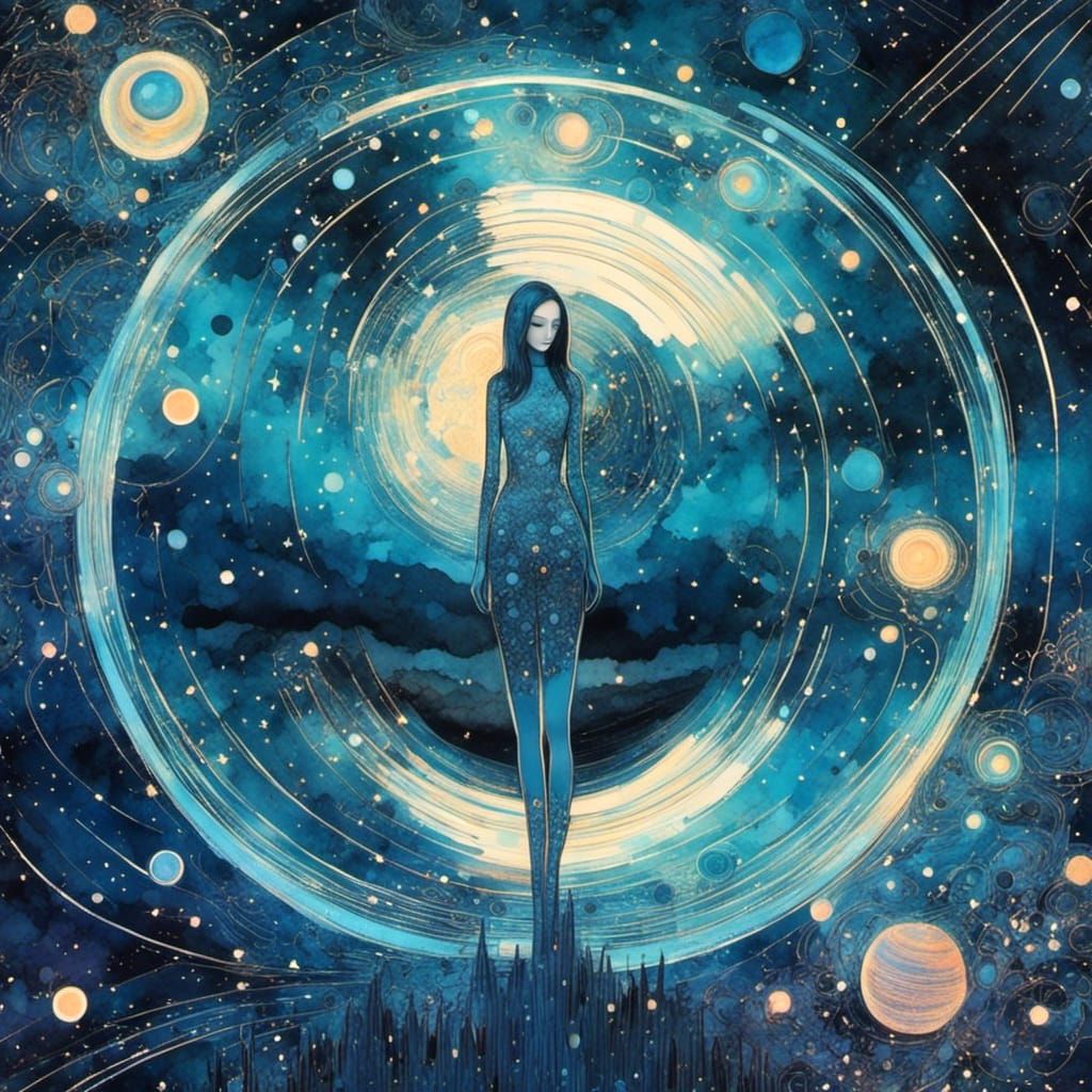 Holographic Goth-Punk Android Girl in Neon Cosmos