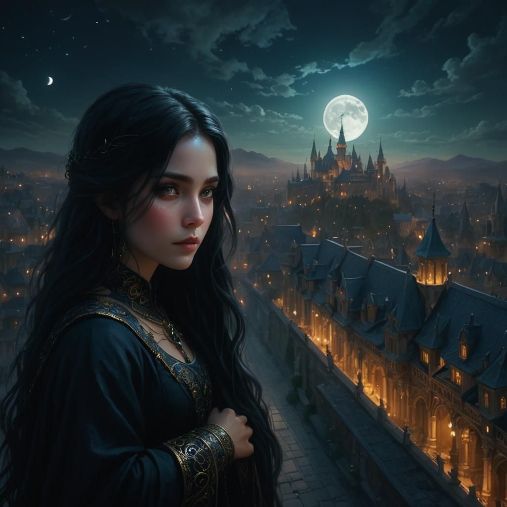 Sorceress Abducts Girl Under Moonlight in Fantasy Style