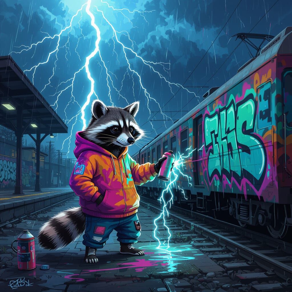 Electric Raccoon Graffiti Artist in Cyberpunk Style