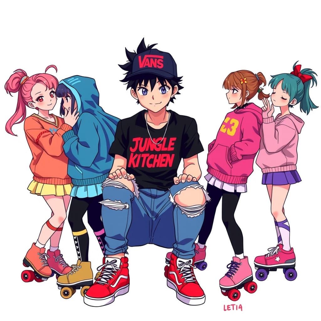 Anime-Inspired Junglist Man Surrounded by Retro-Style Anime....