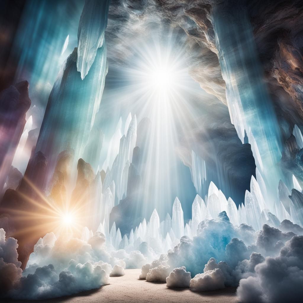 Sunlit Crystal Cave with Divine Beams