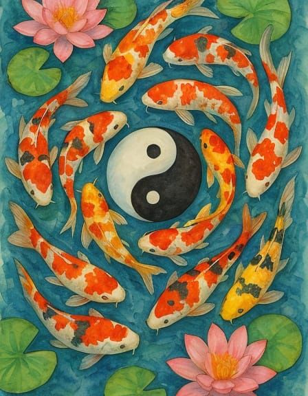 Vibrant Koi Pond with Balanced Yin and Yang Elements