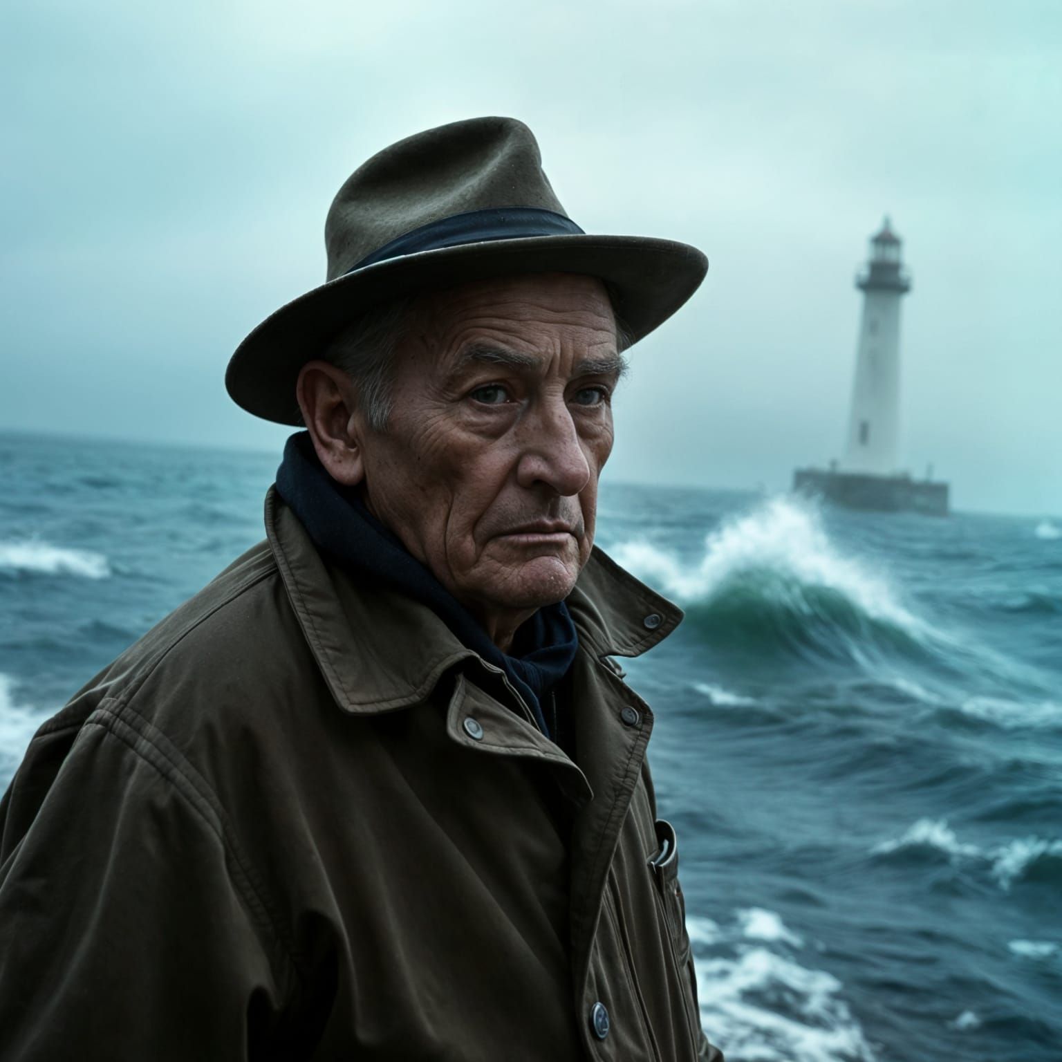 Weathered Lighthouse Keeper in a Stormy Seascape