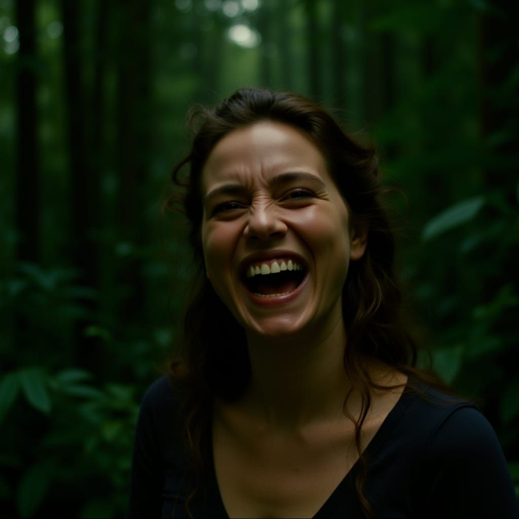 Curvy Woman Laughing in Rainforest: Cinematic Film Still