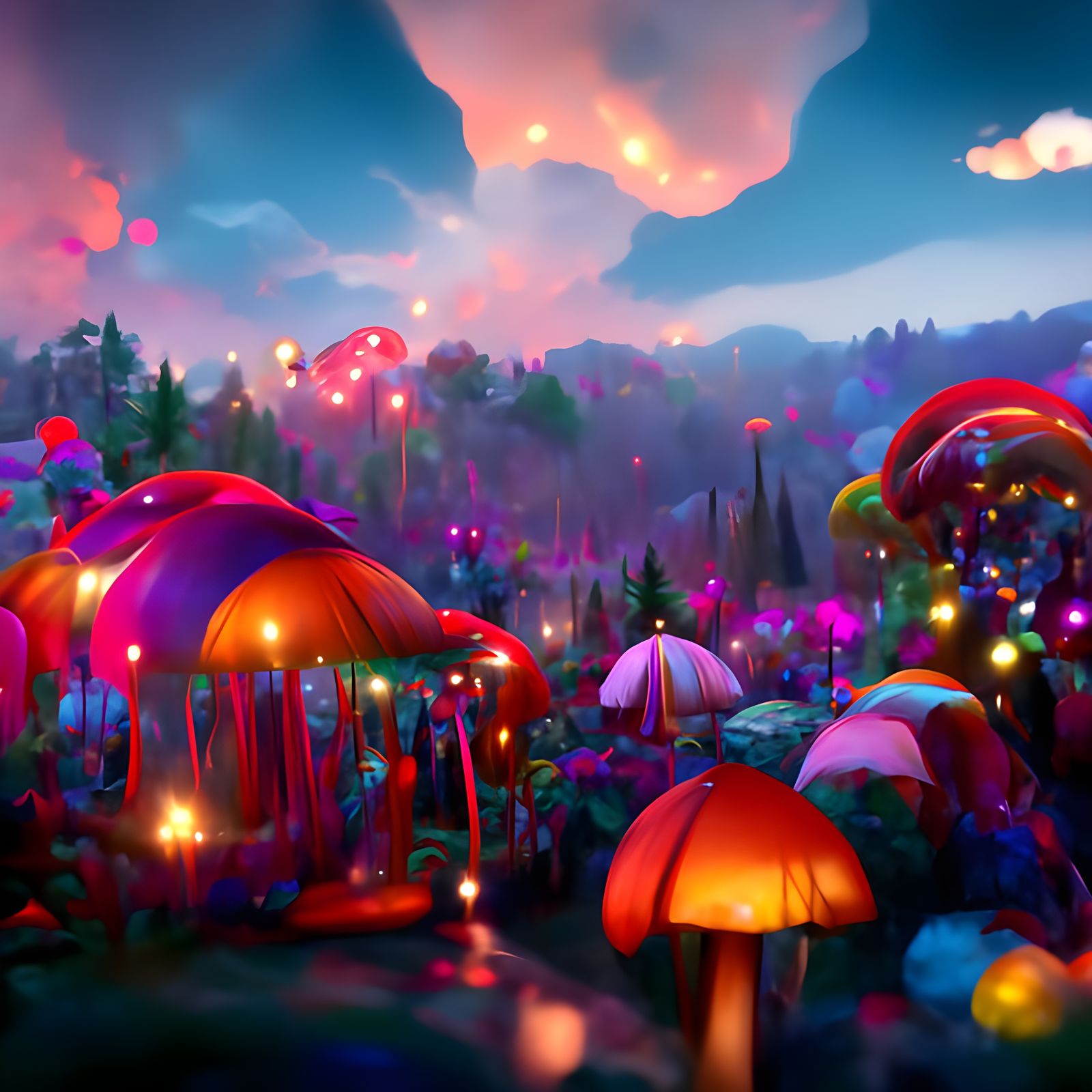 Magical Illuminated Circus in Neon Mushroom Forest