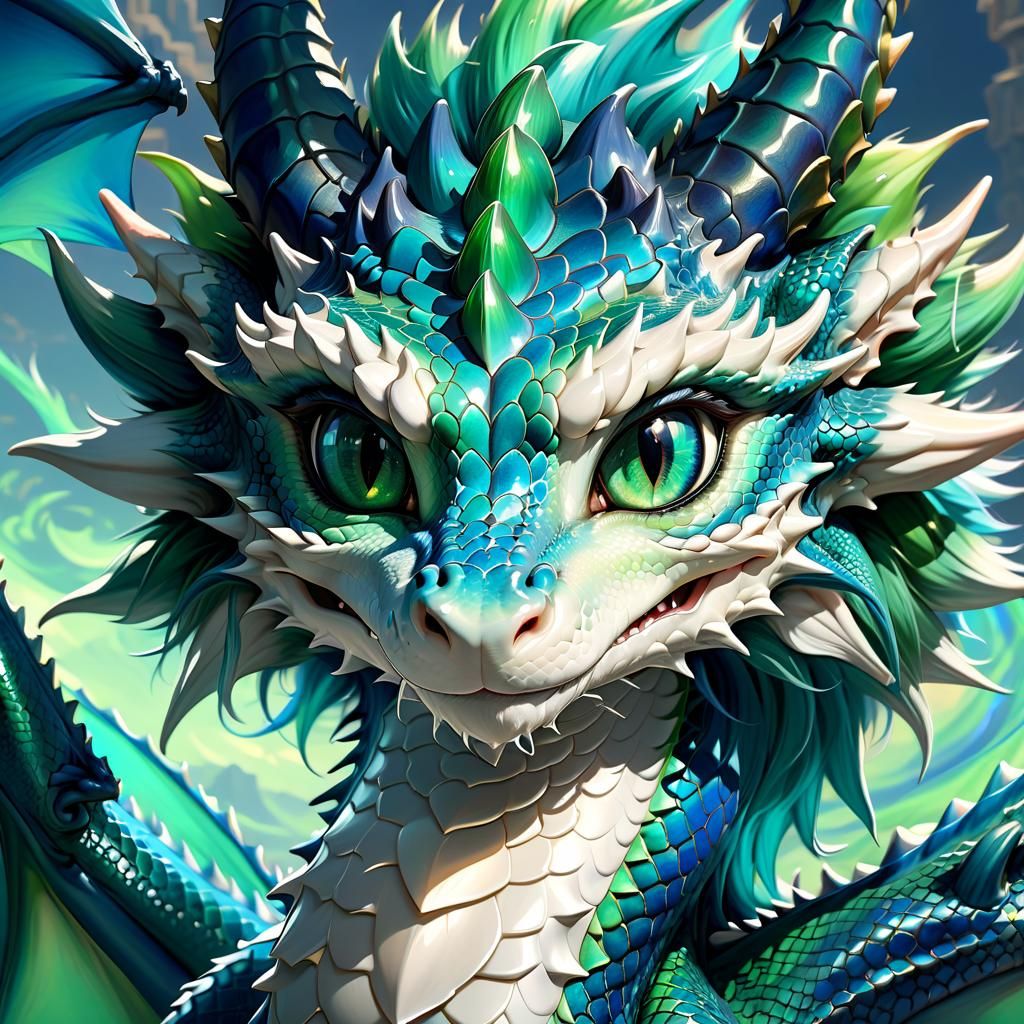 Adorable Blue and Green Dragon Portrait in Anime Style